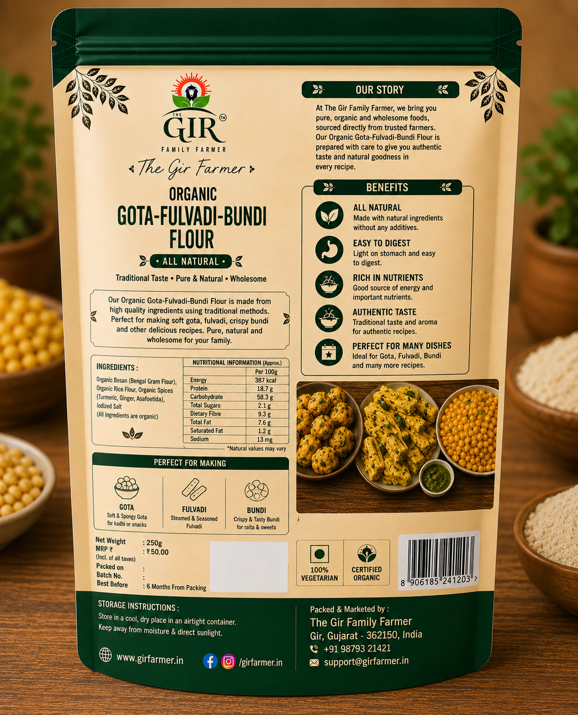 The Gir Farmer Organic Gota-Fulvadi-Bundi Flour in eco-friendly packaging, perfect for authentic Indian dishes