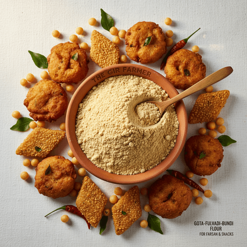 Organic Gota-Fulvadi-Bundi Flour in a bowl surrounded by snacks and spices, perfect for making farsan