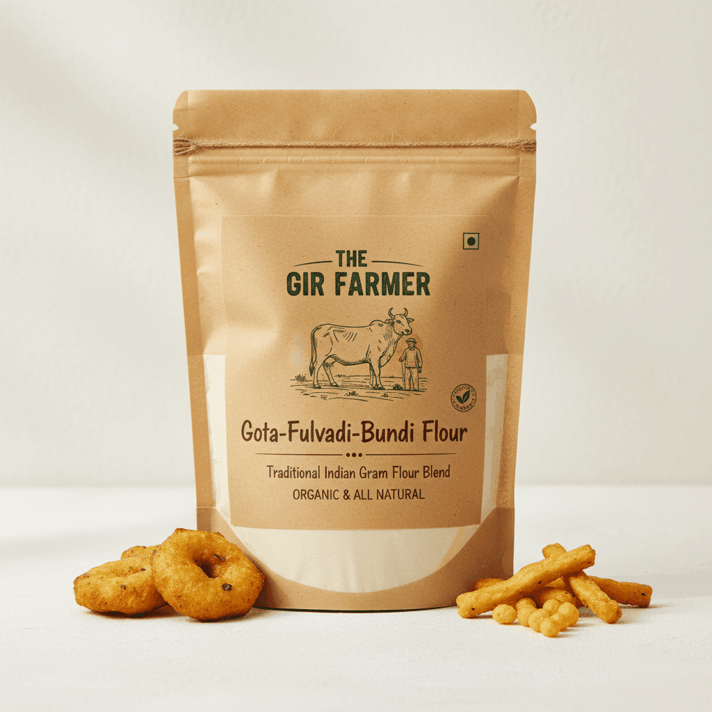 The Gir Farmer Organic Gota-Fulvadi-Bundi Flour in a brown pouch with traditional snacks for Indian recipes
