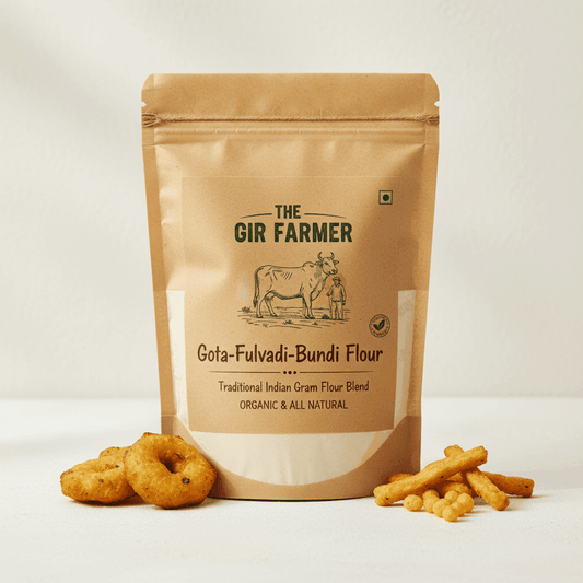 The Gir Farmer Organic Gota-Fulvadi-Bundi Flour in a brown pouch with traditional snacks for Indian recipes