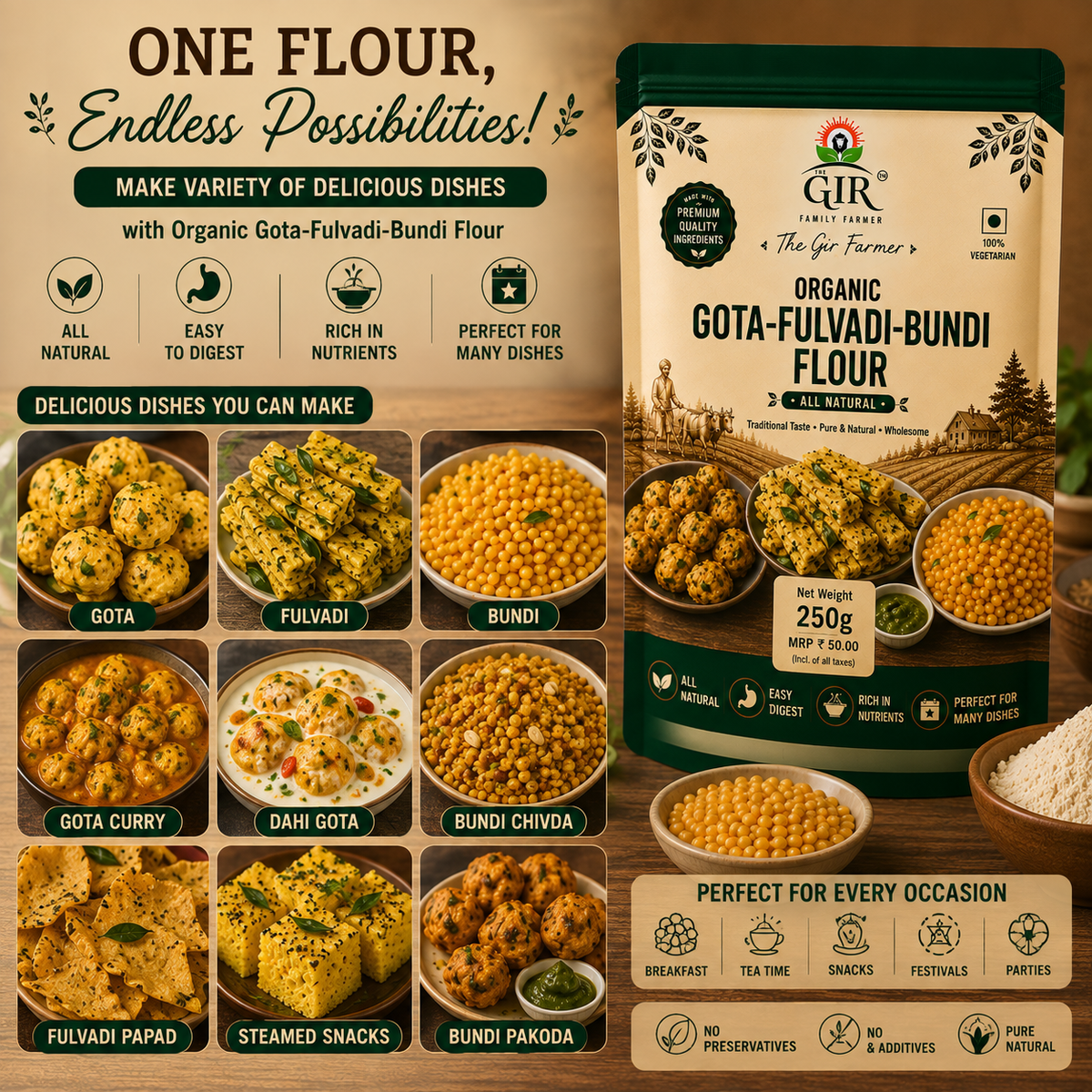 Organic Gota-Fulvadi-Bundi Flour in a 250g package, ideal for making various delicious dishes