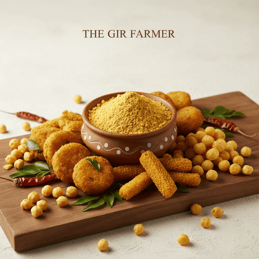 Organic Gota-Fulvadi-Bundi Flour in a bowl with traditional snacks and spices for cooking and snacking