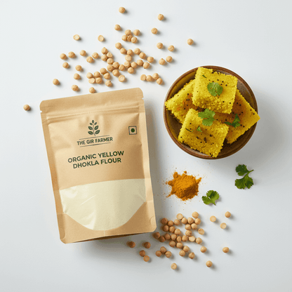 The Gir Farmer Organic Handva & Yellow Dhokla Flour with yellow dhokla pieces garnished with cilantro