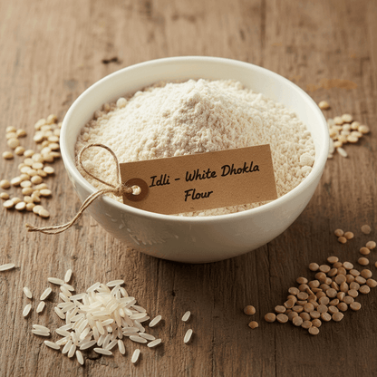 Organic Idli & White Dhokla Flour in a white bowl with rice and lentils on a wooden surface