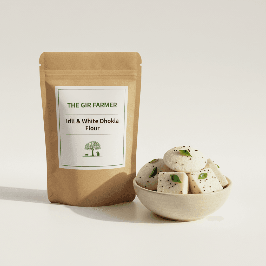 THE GIR FARMER Organic Idli & White Dhokla Flour in eco-friendly packaging with a bowl of soft dhokla.