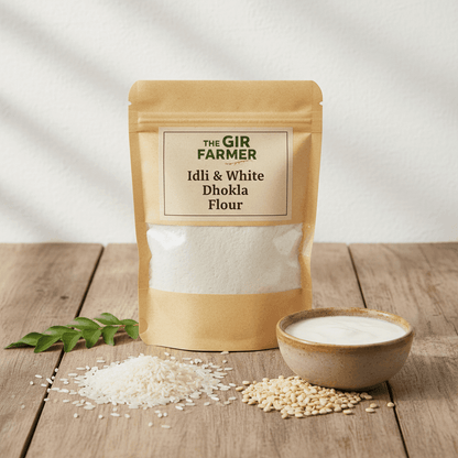 The Gir Farmer Organic Idli & White Dhokla Flour in a brown pouch with a bowl of yogurt and rice grains