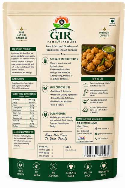 THE GIR FARMER Organic Instant Mix Gota Flour in a resealable pouch, perfect for quick Indian snacks.