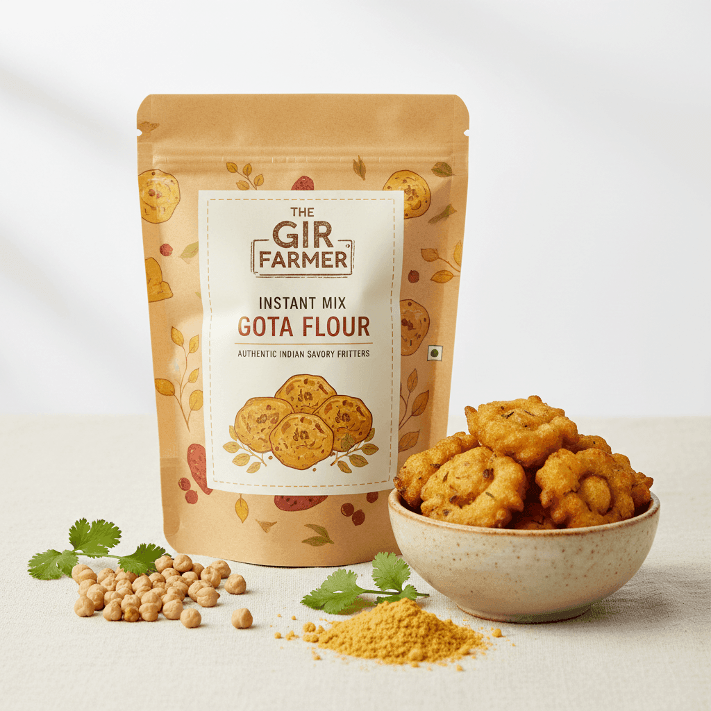The Gir Farmer Organic Instant Mix Gota Flour for making authentic Indian savory fritters with a golden color