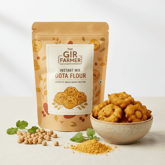 The Gir Farmer Organic Instant Mix Gota Flour for making authentic Indian savory fritters with a golden color