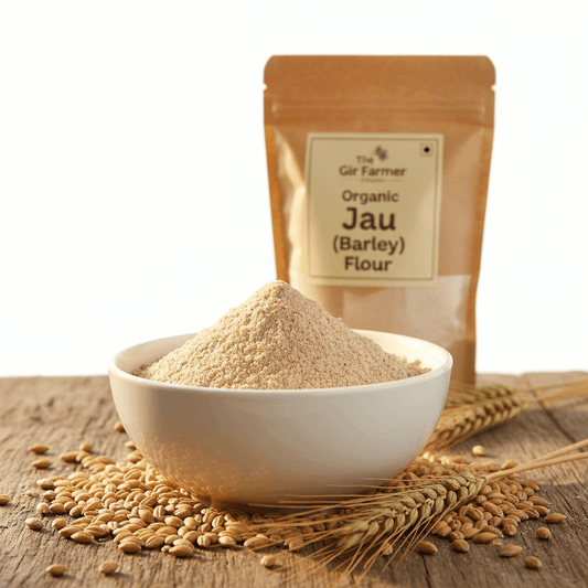 Organic Jau Flour in a white bowl with grains and a kraft bag, perfect for healthy baking