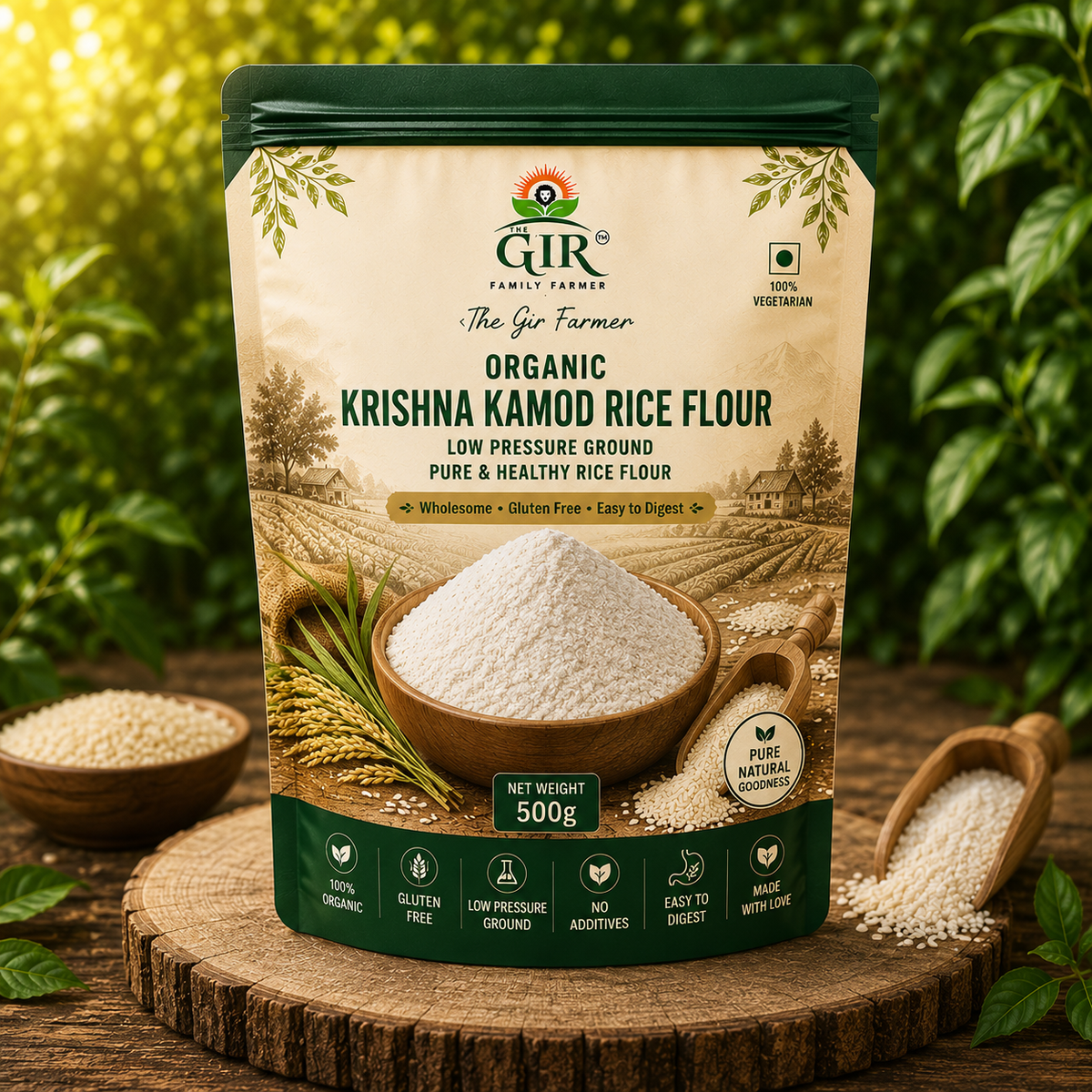 Organic Krishna Kamod Rice Flour in a 500g pouch, pure and healthy option for gluten-free cooking