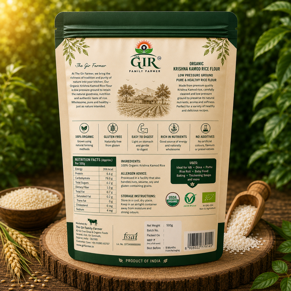 Organic Krishna Kamod Rice Flour in a green resealable bag, ideal for healthy cooking and baking