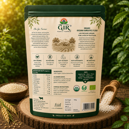 Organic Krishna Kamod Rice Flour in a green resealable bag, ideal for healthy cooking and baking