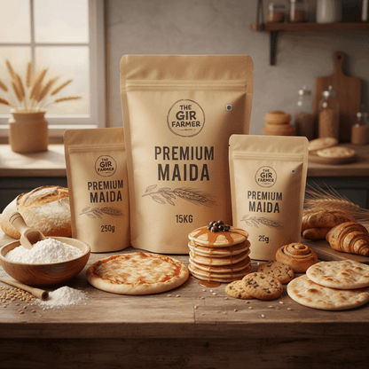 The GIR FARMER Organic Maida in various sizes with fresh baked goods like bread, cookies, and pizza on a wooden table