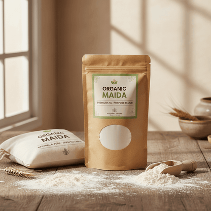 The GIR FARMER Organic Maida premium all-purpose flour in a resealable bag with a clean design