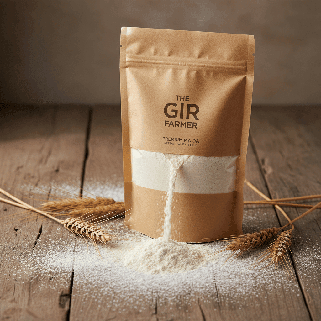 Brown kraft bag of Organic Maida flour spilling onto rustic wooden table with wheat stalks
