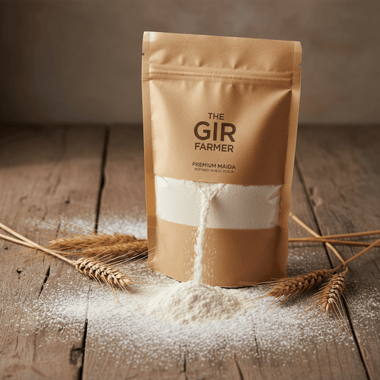 Brown kraft bag of Organic Maida flour spilling onto rustic wooden table with wheat stalks