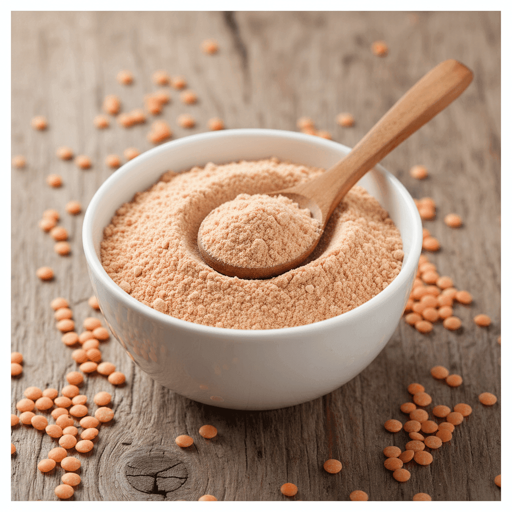 Organic Masoor Dal Flour in a white bowl with a wooden spoon, ideal for gluten-free baking