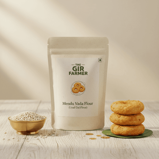 THE GIR FARMER Organic Medu Vada Flour pack with crispy vadas and urad dal in golden bowl