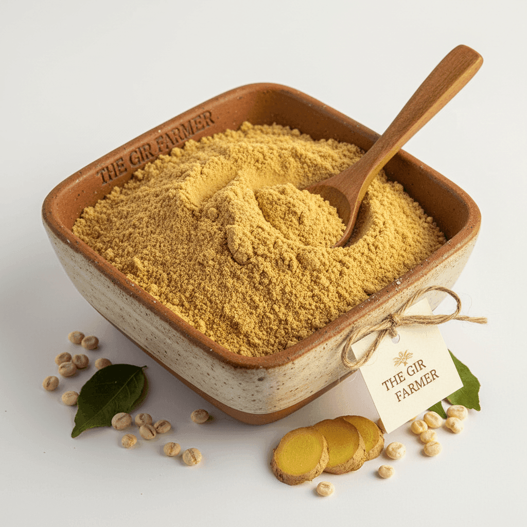 Organic Medu Vada Flour in a ceramic bowl with a wooden spoon, perfect for making crispy savory snacks