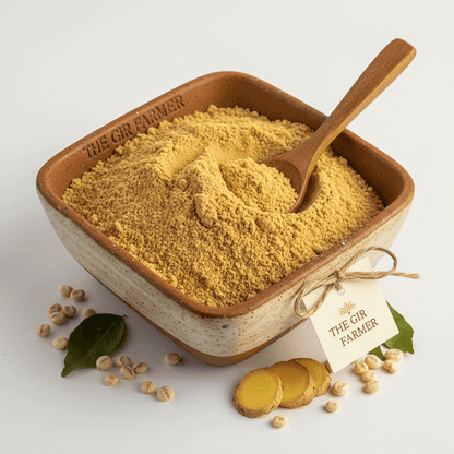 Organic Medu Vada Flour in a ceramic bowl with a wooden spoon, perfect for making crispy savory snacks
