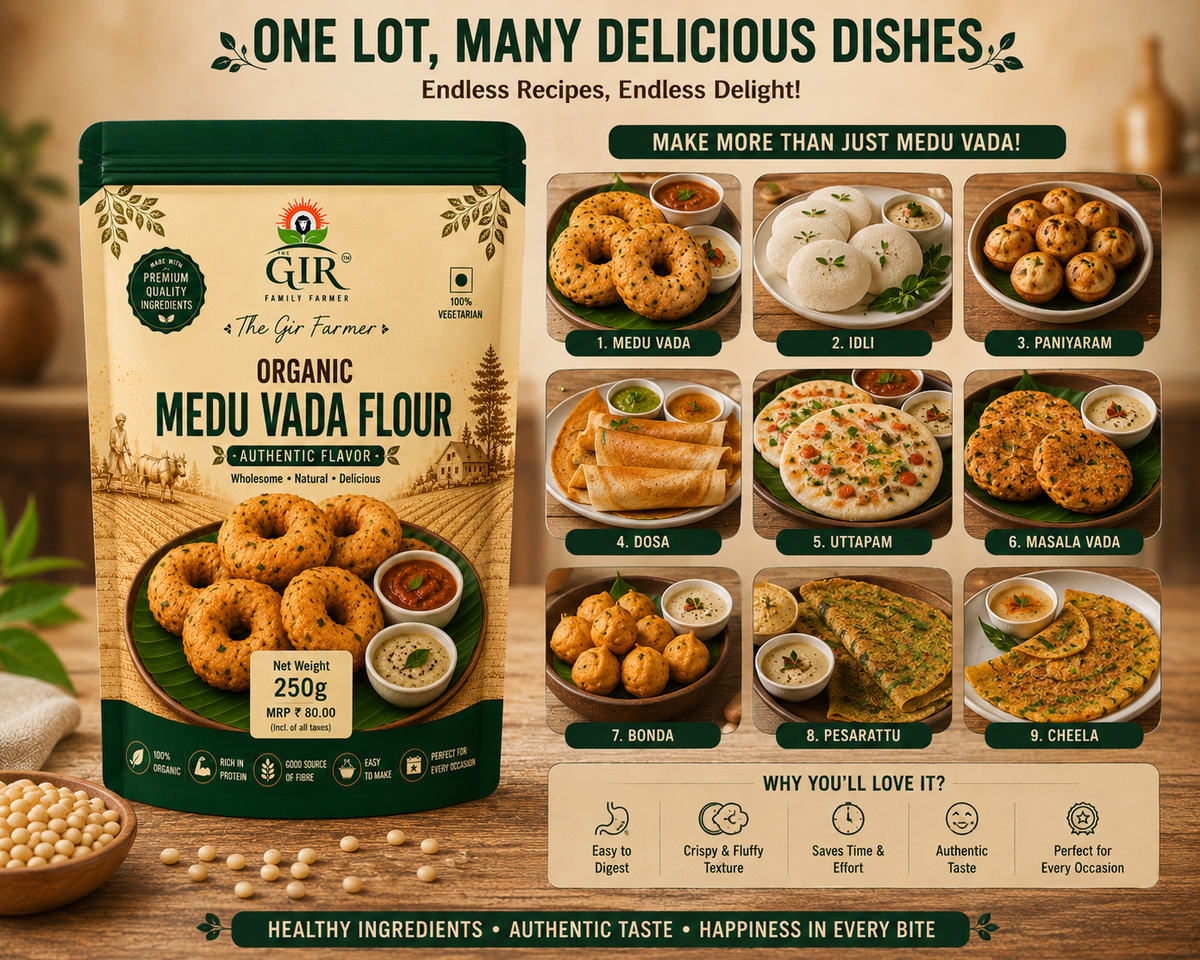 250g package of Organic Medu Vada Flour for authentic dishes like dosa and uttapam with quality ingredients