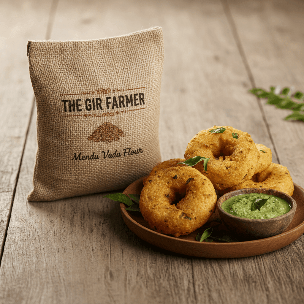 THE GIR FARMER Organic Medu Vada Flour bag with golden brown vadas and green chutney on a wooden plate