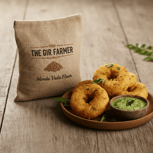 THE GIR FARMER Organic Medu Vada Flour bag with golden brown vadas and green chutney on a wooden plate