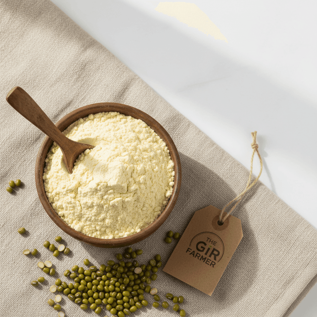 Organic Moong Dal Flour in a wooden bowl on a linen cloth, perfect for healthy cooking and baking