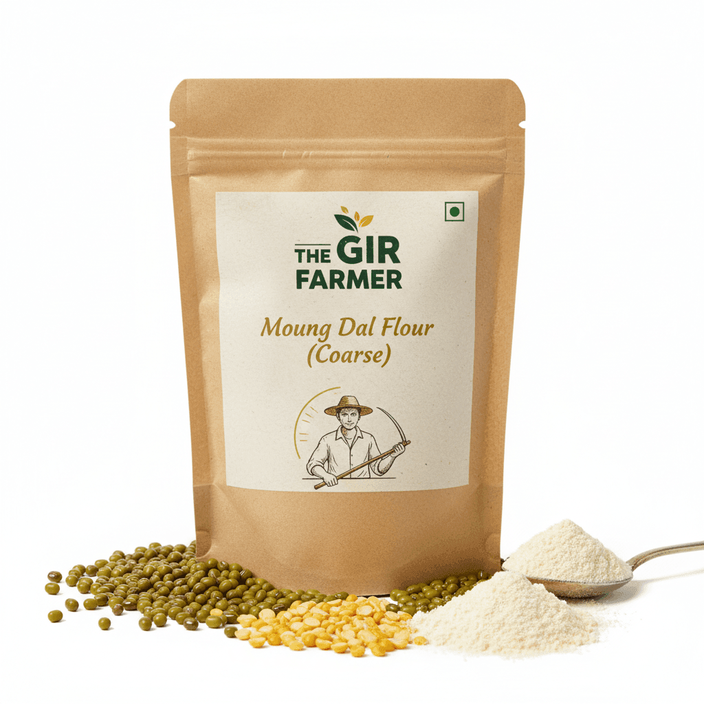 The Gir Farmer Organic Moong Dal Flour in coarse texture with whole moong dal grains and fine flour on a white background