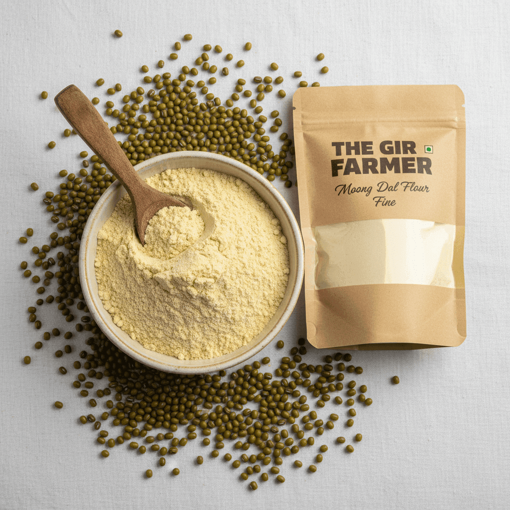Fine Organic Moong Dal Flour in a bowl with a wooden spoon, surrounded by whole moong beans