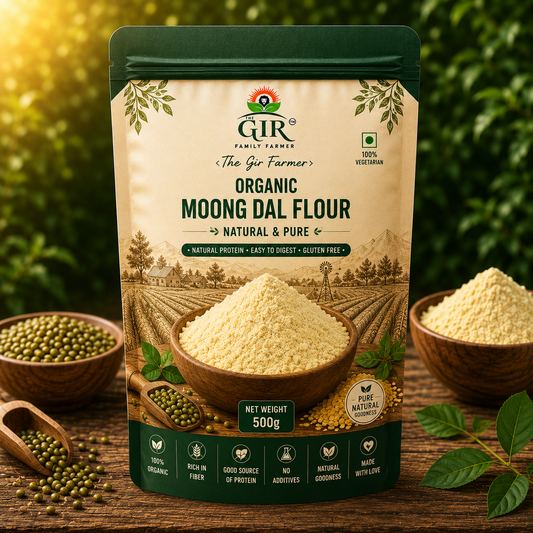 THE GIR FARMER Organic Moong Dal Flour in a bowl, a natural and gluten-free protein source for healthy cooking