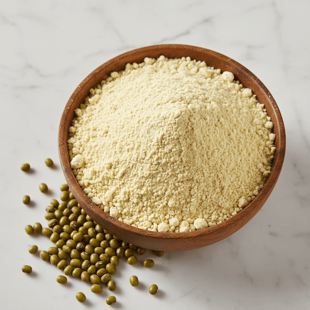 Organic Moong Dal Flour in a wooden bowl, fine and pale yellow, perfect for healthy baked goods.