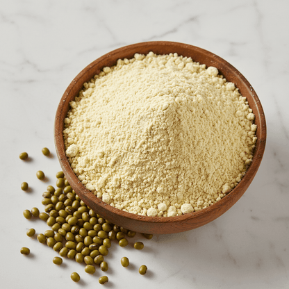 Organic Moong Dal Flour in a wooden bowl, fine and pale yellow, perfect for healthy baked goods.