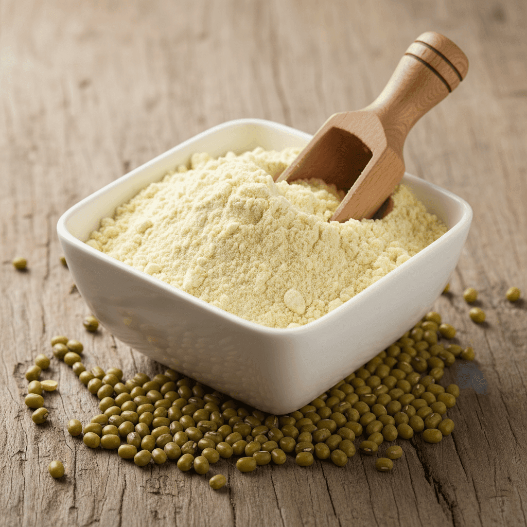 White Organic Moong Dal Flour in a bowl with wooden scoop, ideal for healthy recipes