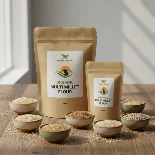THE GIR FARMER Organic Multi Millet Flour in 1kg and 500g packs with various millets in bowls for healthy cooking