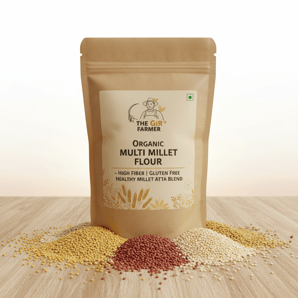 The Gir Farmer Organic Multi Millet Flour in a brown bag, ideal for healthy baking and cooking