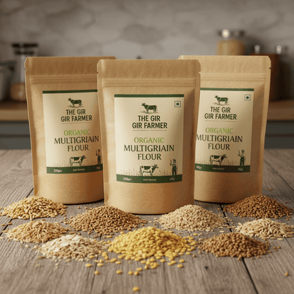 Three packets of THE GIR FARMER Organic Multigrain Flour surrounded by various grains on a wooden countertop