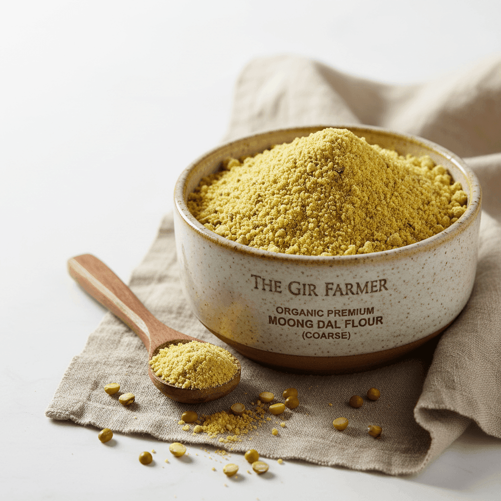 Coarse Organic Moong Dal Flour in a bowl by THE GIR FARMER, perfect for healthy cooking and baking