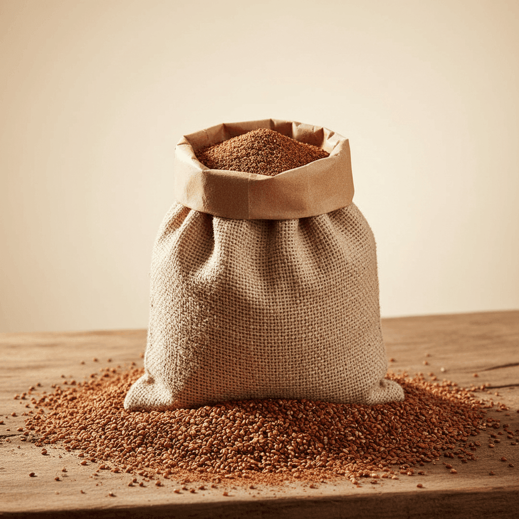 Brown burlap sack filled with Organic Ragi Flour, ideal for healthy baking and cooking
