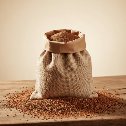 Brown burlap sack filled with Organic Ragi Flour, ideal for healthy baking and cooking