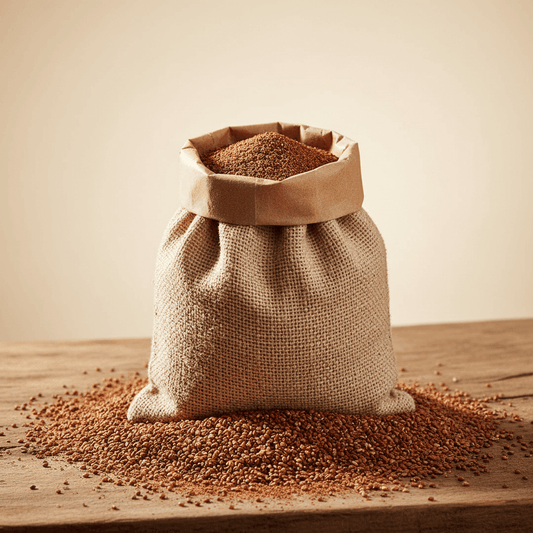 Brown burlap sack filled with Organic Ragi Flour, ideal for healthy baking and cooking