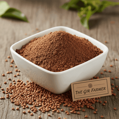 Organic Ragi Flour in a white bowl with a rustic background, ideal for healthy baking and cooking