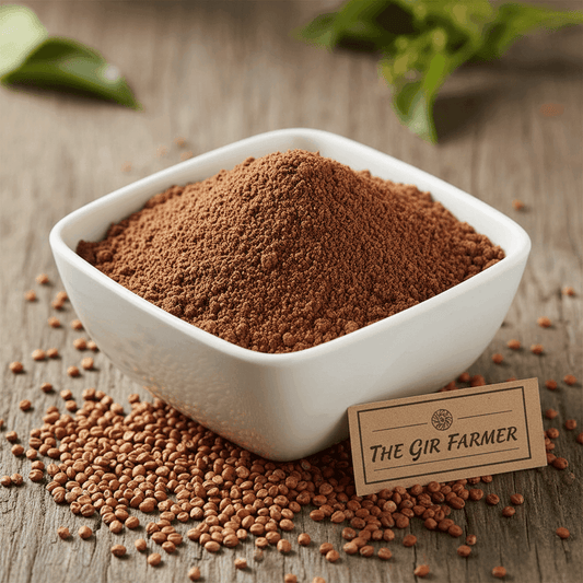 Organic Ragi Flour in a white bowl with a rustic background, ideal for healthy baking and cooking