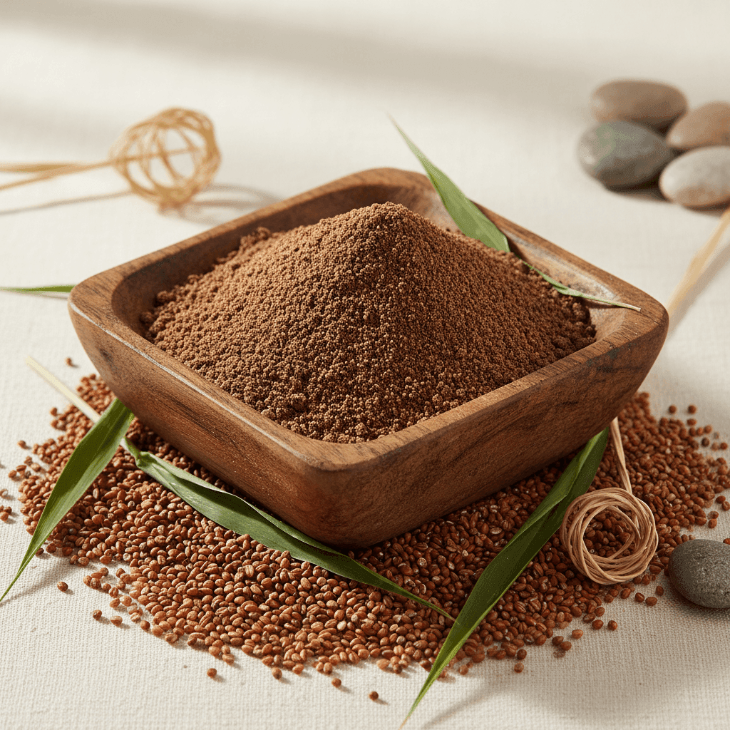 Organic Ragi Flour in a wooden bowl surrounded by ragi seeds, perfect for nutritious baking and cooking