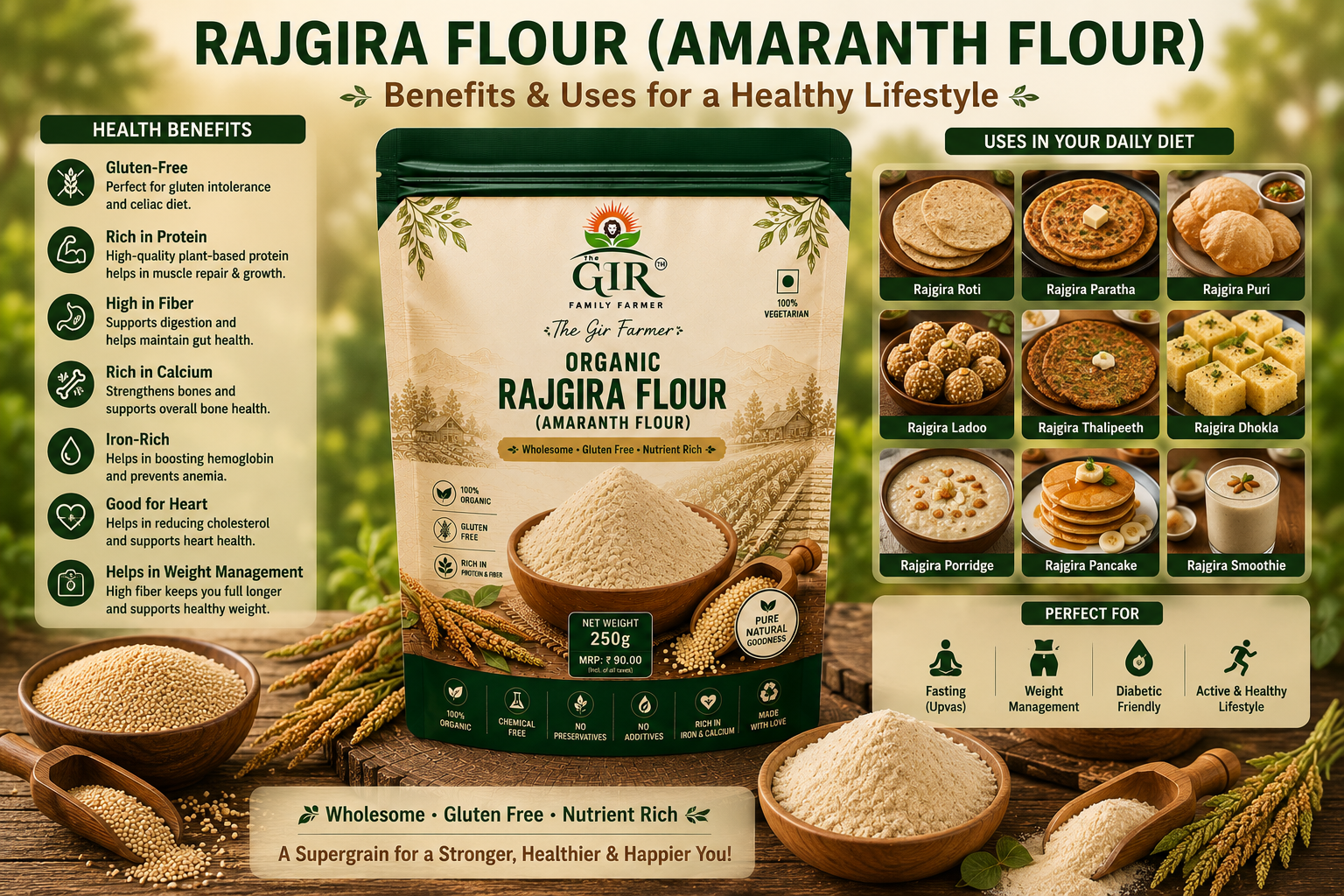 Organic rajgira flour by The Gir Farmer in a 250g pack, ideal for gluten-free cooking and healthy recipes