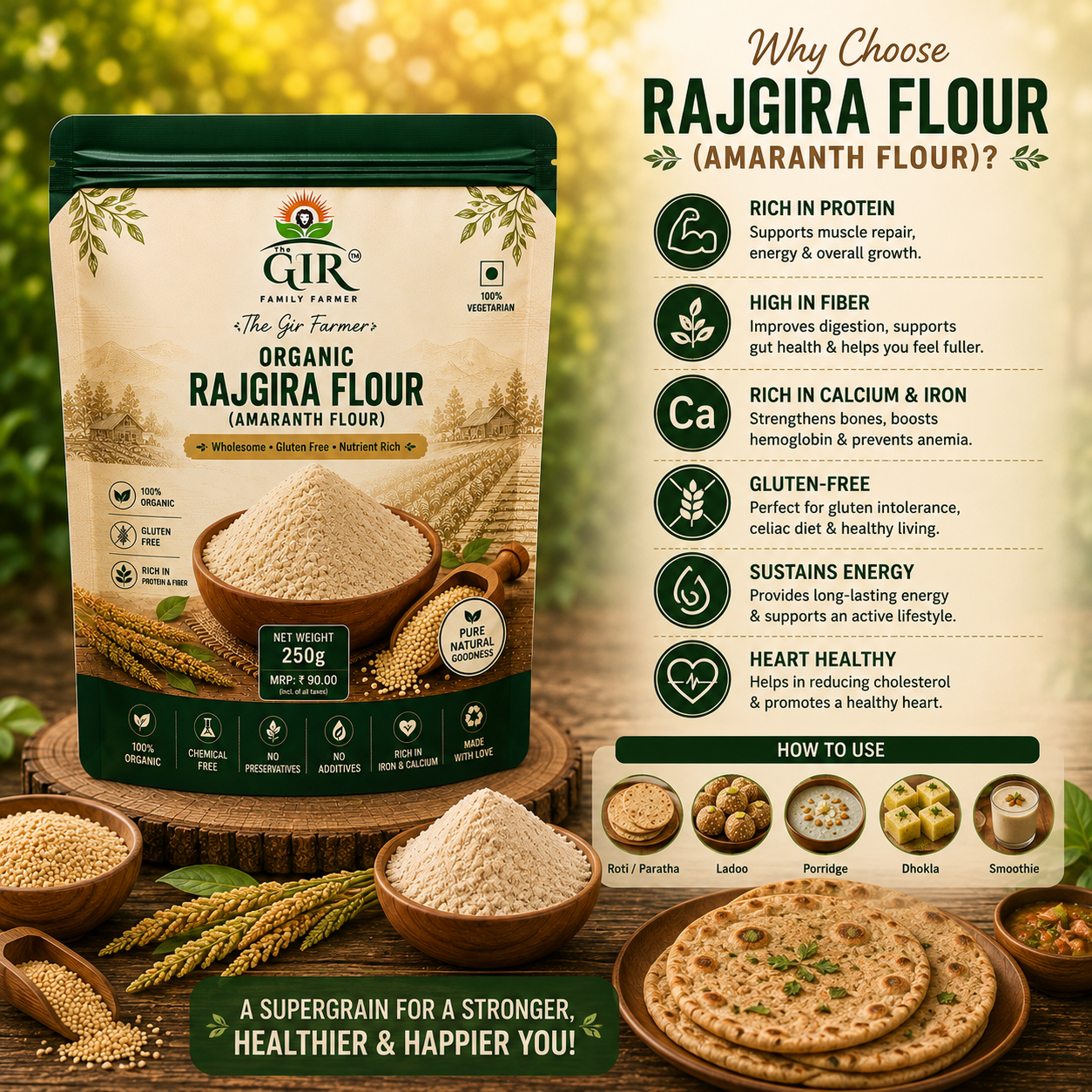 Organic rajgira flour in a 250g package from The Gir Farmer, packed with nutrients for a healthy diet