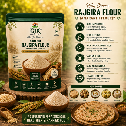 Organic rajgira flour in a 250g package from The Gir Farmer, packed with nutrients for a healthy diet