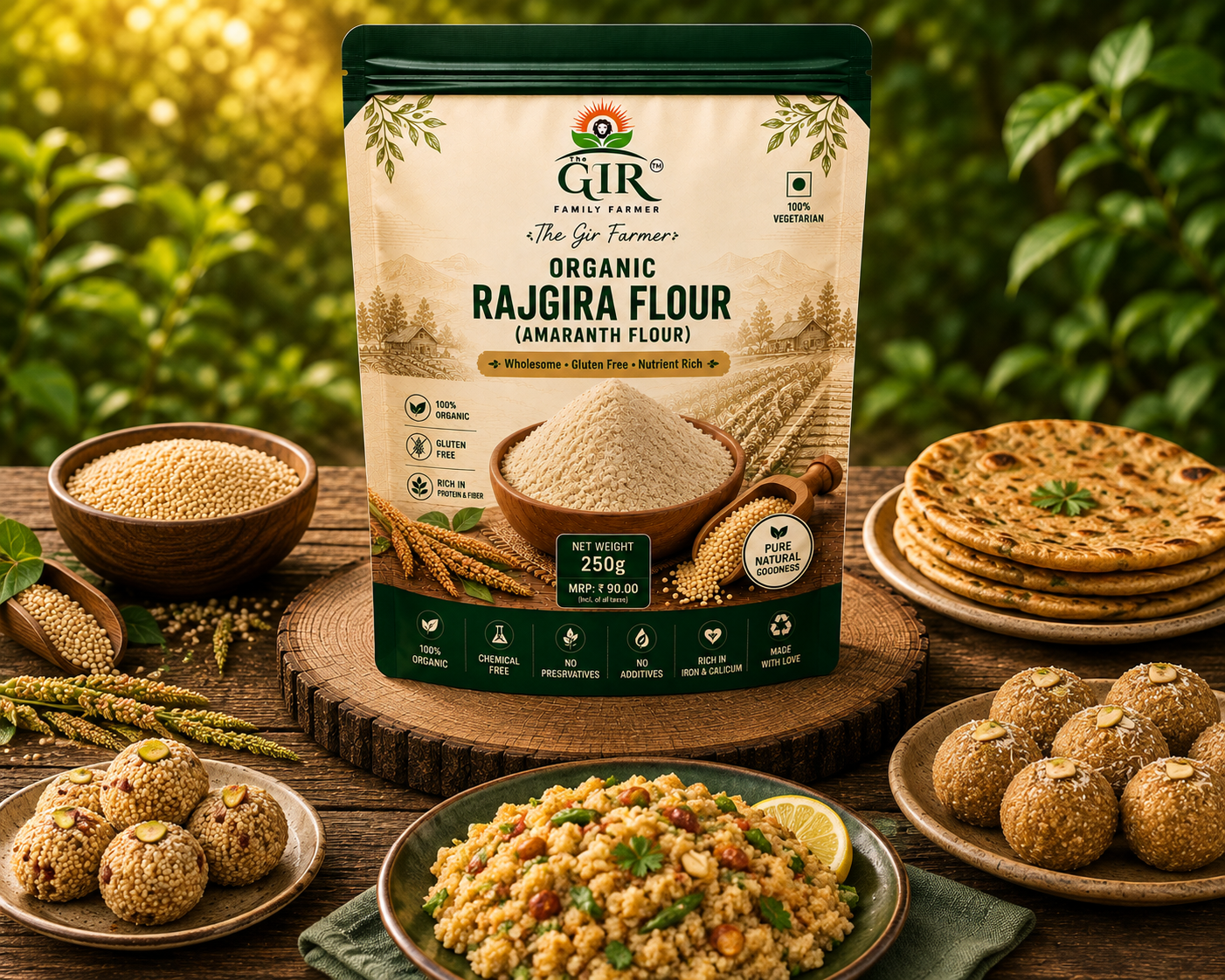 Organic rajgira flour by The Gir Farmer with a rustic backdrop and various dishes made from it