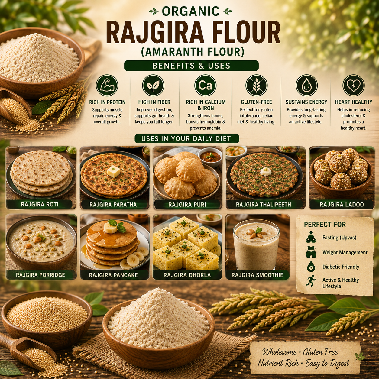 Organic rajgira flour in a bowl showcasing its health benefits, ideal for gluten-free cooking